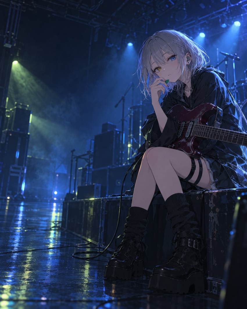 Original fan illustration of Kaname Rāna with a guitar under blue live-house lights