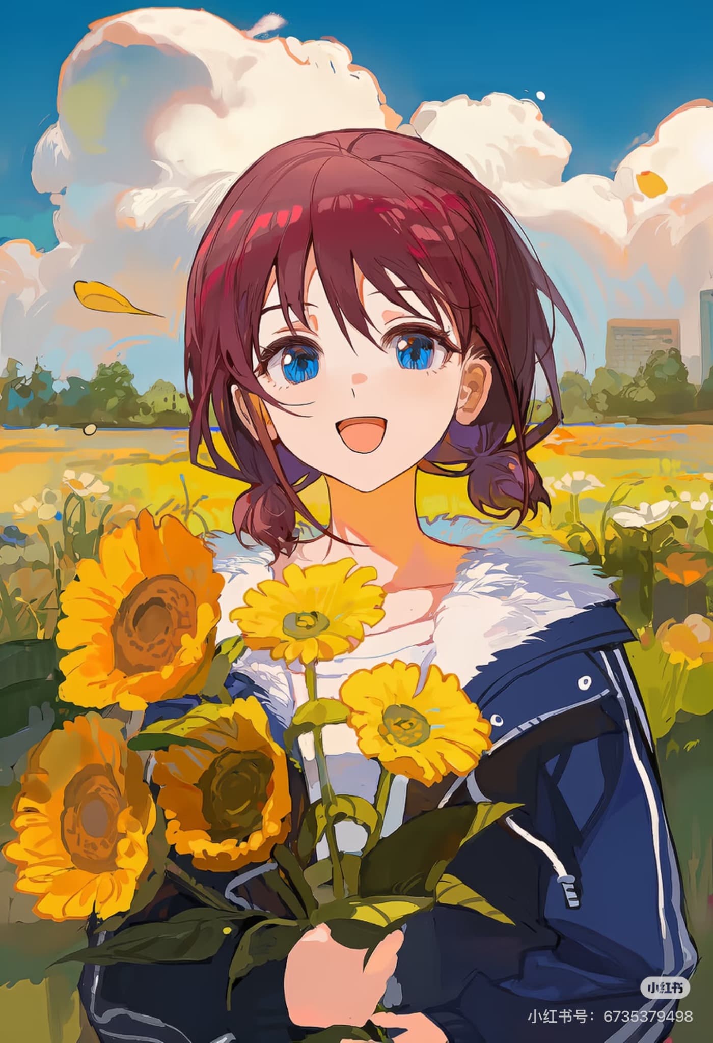 Girls Band Cry character with sunflowers under a blue sky